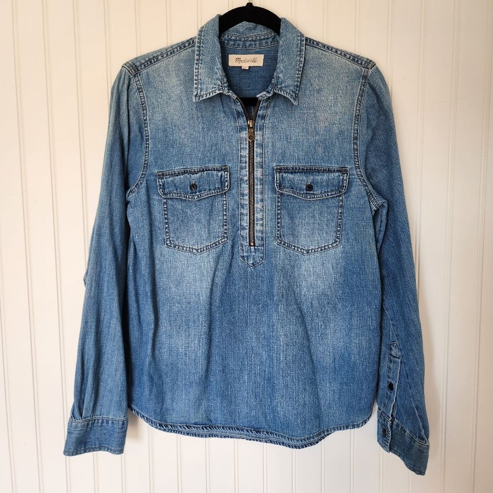 MADEWELL Blue 100% Cotton Denim Half Zip Blouse Top Medium